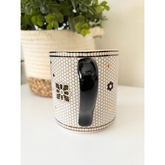 Anthropologie Bistro Tile Margot Coffee Mug Letter T Monogram Black Ceramic - Picture 2 of 7
